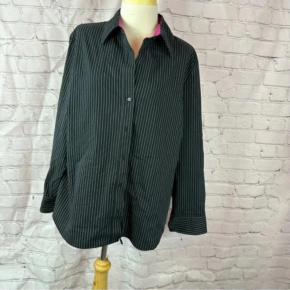 chico's black white pin stripe tunic sz 3 (XL 16) pink contrast collar